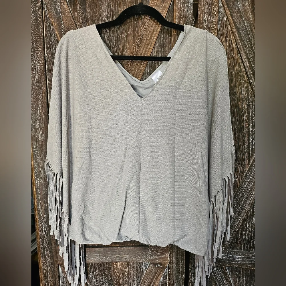 NWT Gray Fringe Poncho Top